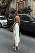 Trisha Sırt Dekolteli Keten Elbise 2496-20 ELBİSE resmi